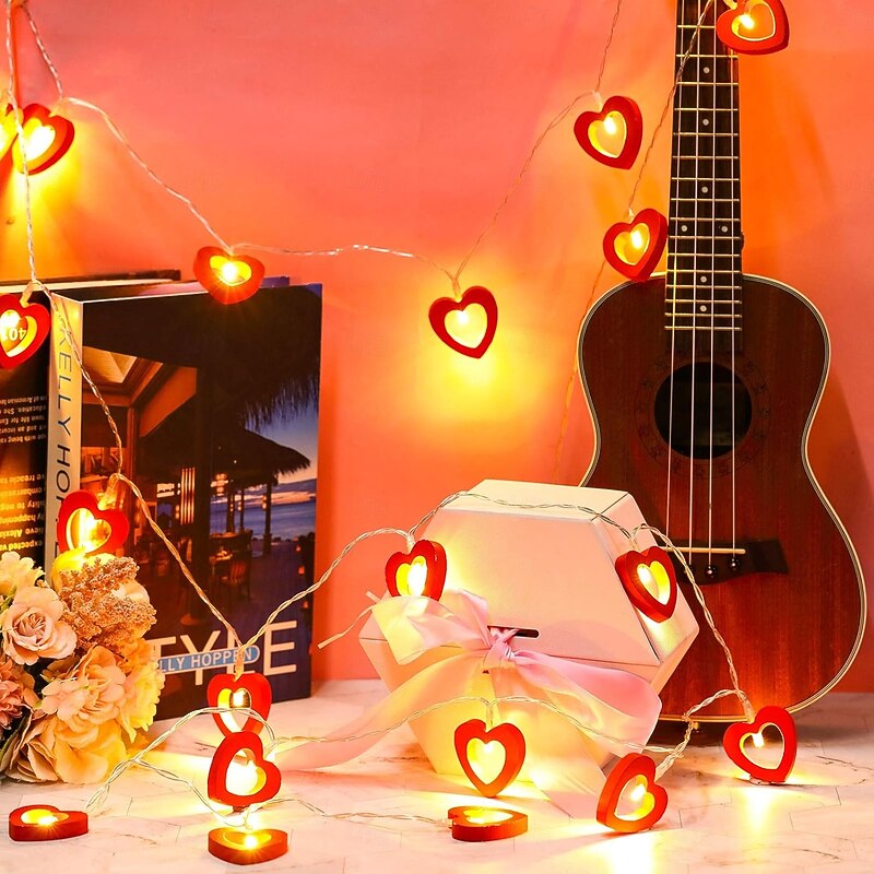 Valentine's Day Wooden Heart String Lights LED Fairy Lights 3m 20LED Hanging Wood Love Lights Lamp Battery Operated Valentine's Day Decorations for Bedroom Festival Birthday Wedding4