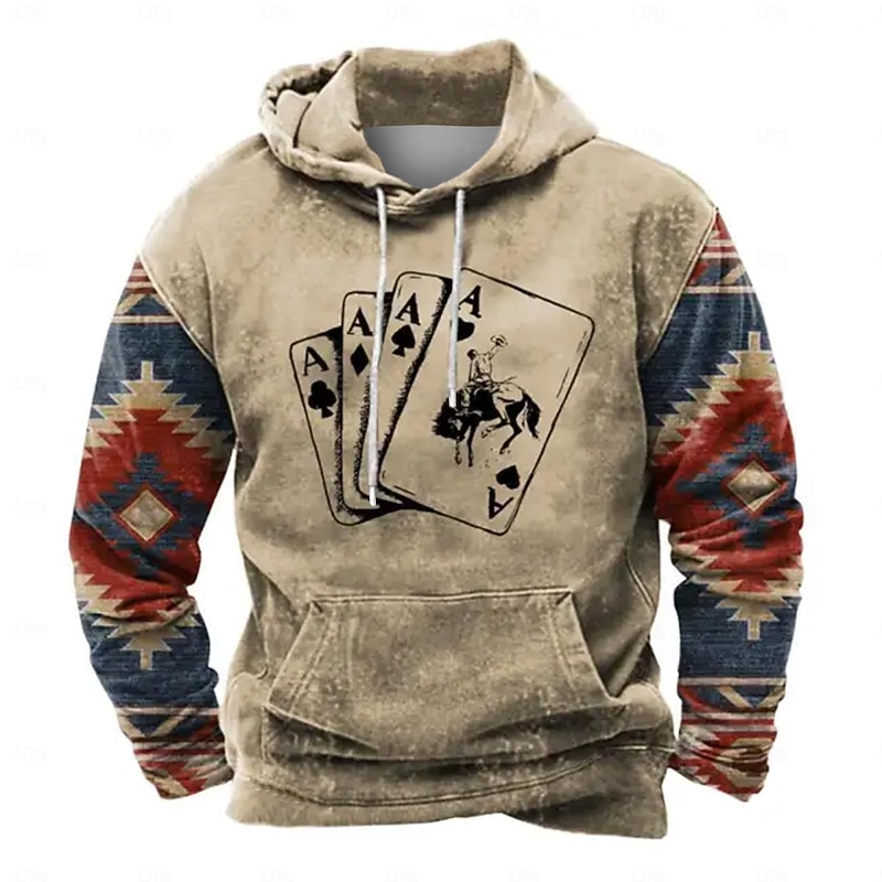 Men's Poker Hoodies Fashion Cool Long Sleeve Crew Neck Vacation Holiday Streetwear Black Blue Drawstring Fall Winter Designer3