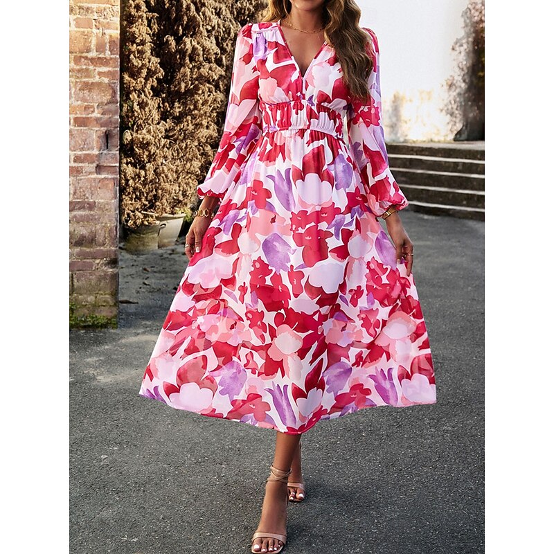 Women's Maxi Dress Casual Dress Swing Dress A Line Dress Casual Daily Regular Fit Floral Long Sleeve V Neck Red Blue Apricot Summer Spring Fall