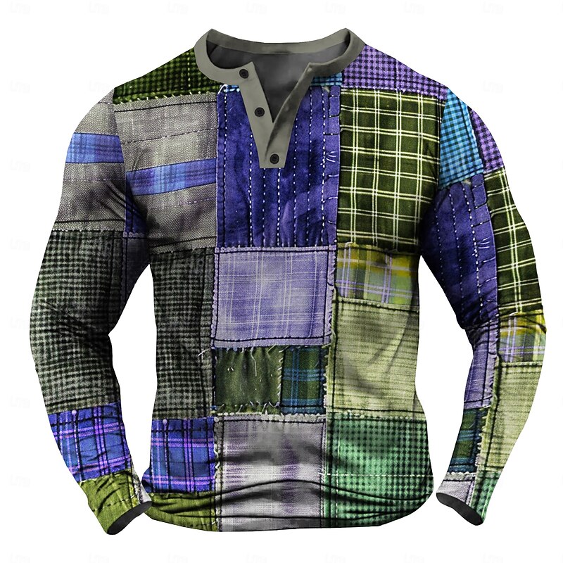 Men's Patchwork Henley Shirt Long Sleeve Shirt Long Sleeve 3D Printing Designer Retro Vintage Casual Street Casual Daily Winter Spring &  Fall Red Blue Dark Blue Henley Collar Button Henley Henley3
