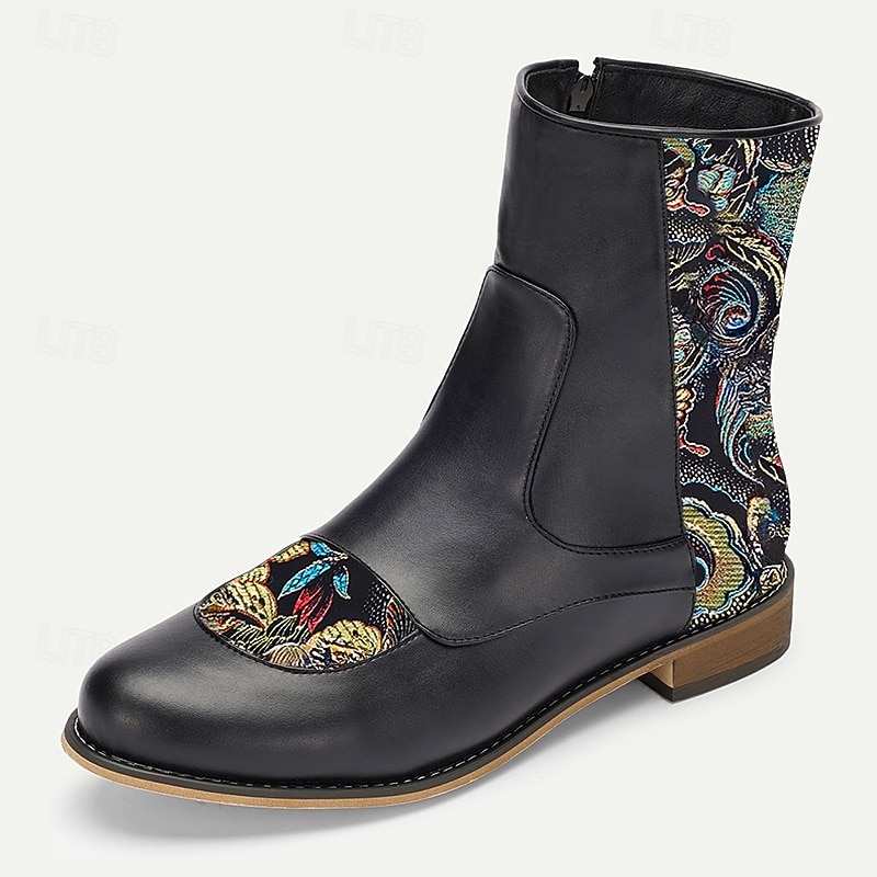 Men's Vintage Elegance Black Embroidered Jacquard Fabric and Faux Leather Ankle Boots for Formal and Casual Wear3