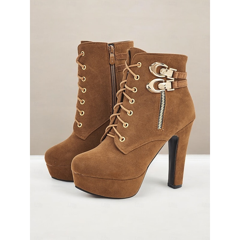 Women's Brown Suede Ankle Boots - Lace-Up Design with Gold Buckle and Zipper Details, Platform High Heel Shoes for Stylish Casual and Party Looks