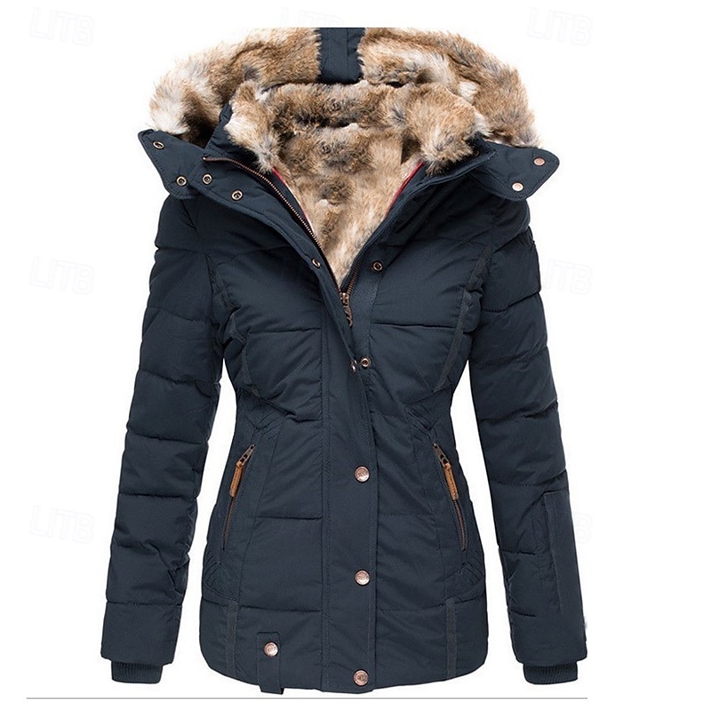Women's Puffer Jacket Daily Winter Long Coat Fashion Streetwear Jacket Long Sleeve Fur Trim Patchwork Black Pink Navy Blue3