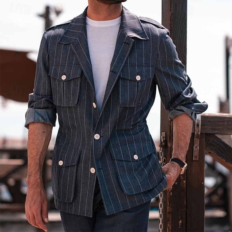 Men's Lightweight Jacket Shirt Jacket Formal Home Pocket Spring &  Fall Stripes Vintage Fashion Shirt Collar Regular Navy Blue Jacket