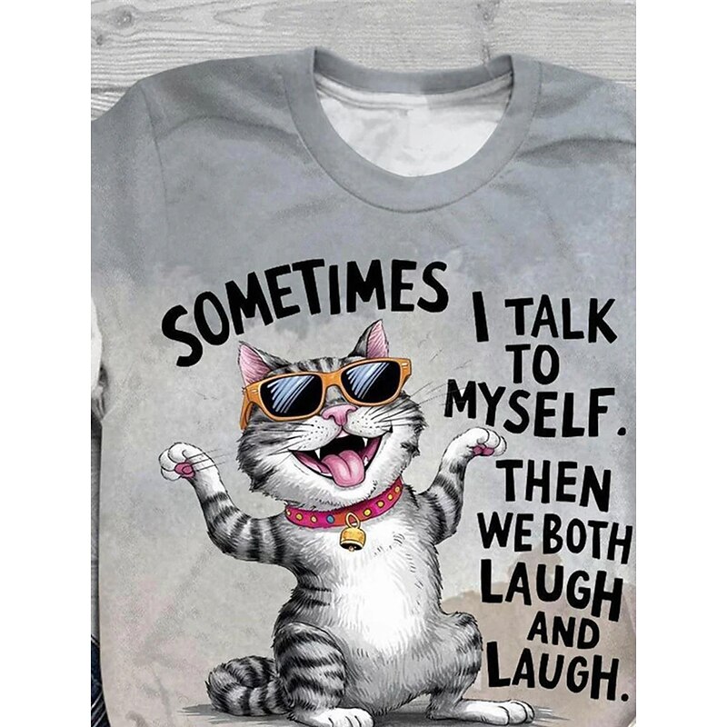 Women's T Shirt Cat Letter Casual Short Sleeve Round Neck Regular Tops Daily Print Gray Summer3