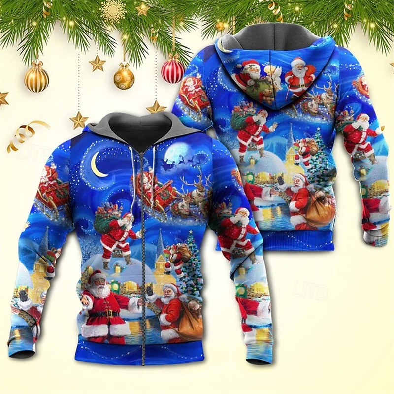 Christmas Men's Santa Claus 3D Hoodies Full Zip Jacket Blue Hooded Santa Claus Graphic Prints Ugly  Zipper Print Sports & Outdoor Daily Sports 3D Print3