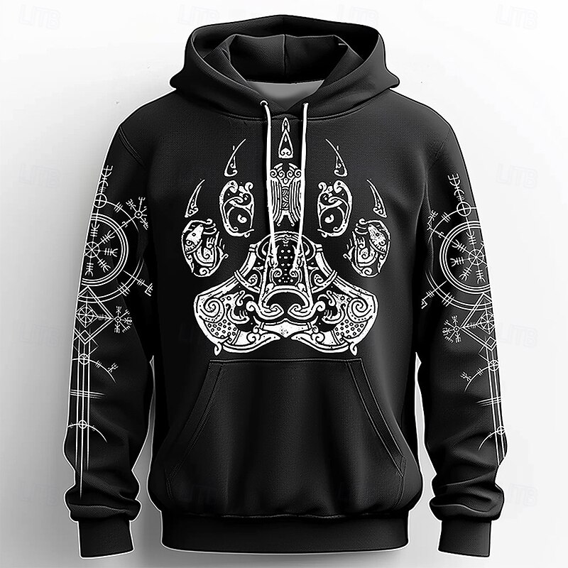 Men's Footprint / Paw Viking Hoodies Sweatshirt Fashion Cool Long Sleeve Crew Neck Party Holiday Streetwear Black Blue Drawstring Fall Winter Designer