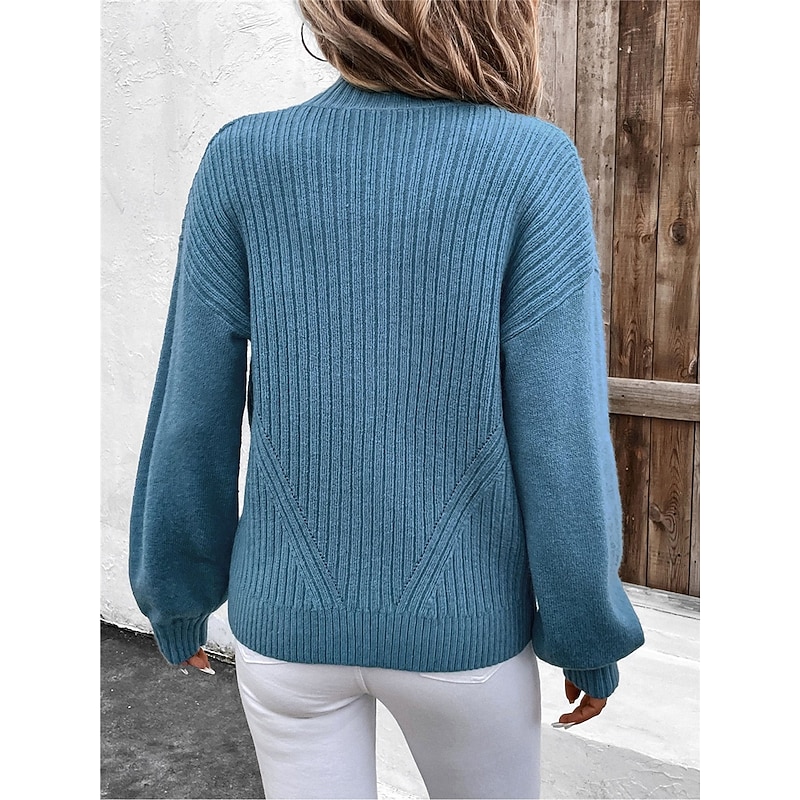 Women's Sweater Cardigan Casual Soft Pure Color Ribbed Stand Collar Zipper Knitted Long Sleeve Regular Tops Knit Outdoor Daily Weekend Blue Fall Winter2