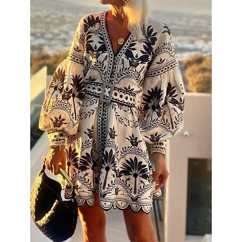 Women's Floral Graphic V Neck Midi Dress Long Sleeve Spring Fall