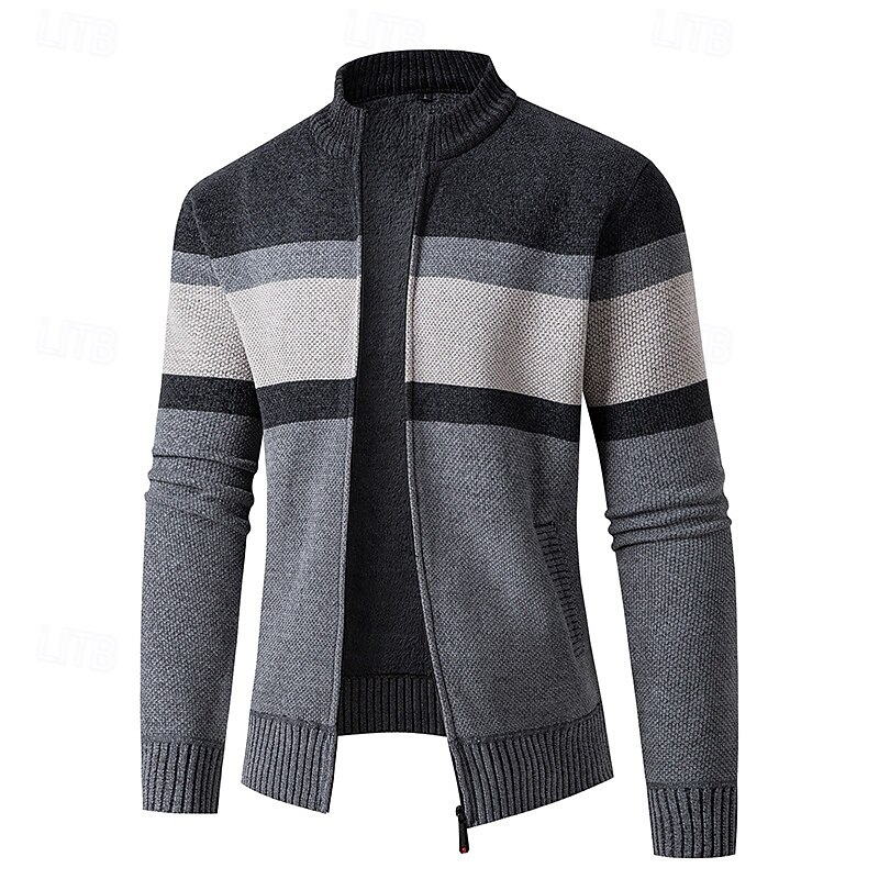 Men's Jacquard Sweater Cardigan Sweater Cropped  Sweater Knit Sweater Ribbed Crochet Knit Regular Knitted Jacquard Plaid / Striped / Chevron / Round Standing Collar Fashion Classic Daily Wear Date4