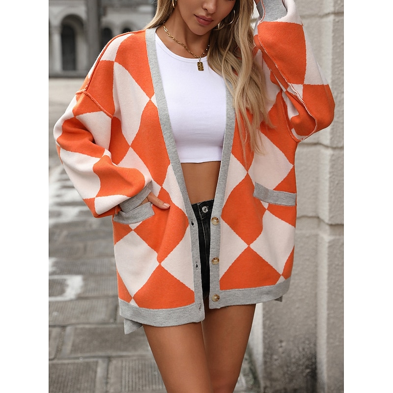 Women's Oversized Cardigan Open Front Knit Fall Winter Going out Fashion Streetwear Long Sleeve Geometric Color Block Black Blue