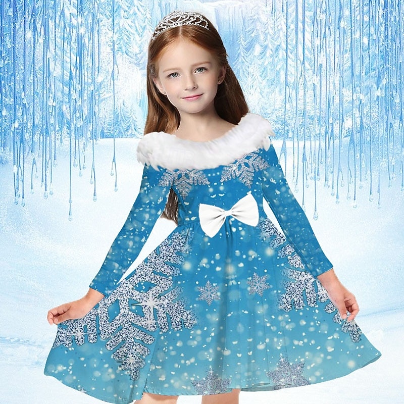 Kids Girls' Dress Snowflake Dress Snowflake Long Sleeve Casual Fur Trim Crewneck Adorable Daily Polyester Above Knee Casual Dress Swing Dress A Line Dress Fall Winter 2-13 Years Silver Multicolor2