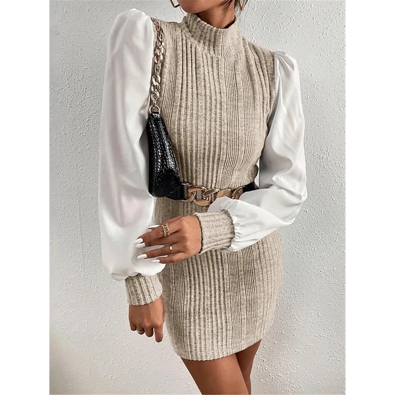 Women's Casual Dress Mini Dress Patchwork Casual Stand Collar Long Sleeve Brown Beige Color4
