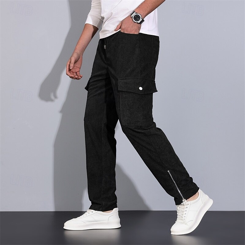 Men's Cargo Pants Corduroy Pants Trousers Elastic Waist Multi Pocket Zip Leg Plain Wearable Outdoor Daily Camping & Hiking Fashion Classic Black Army Green4