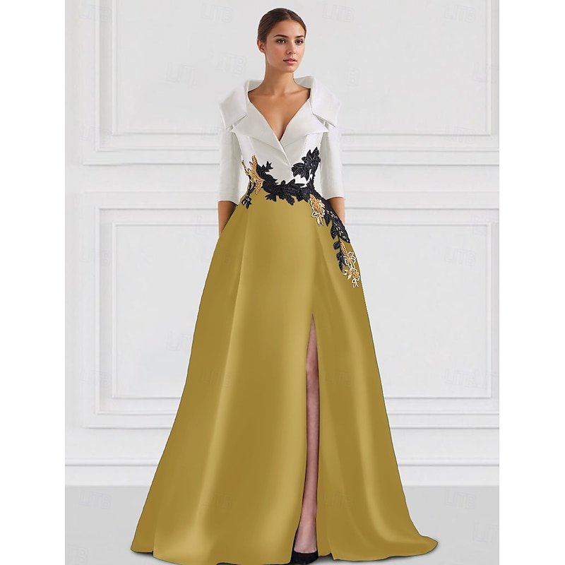 A-Line Evening Gown Elegant Dress Tuxedo Dress Formal Floor Length Half Sleeve Shirt CollarMother Of the Bride Dress Satin with Slit Embroidery Appliques