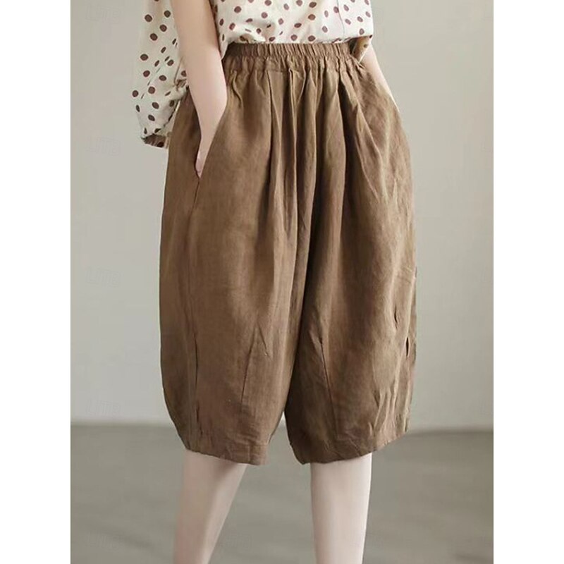 Women's Baggy Shorts Knee Length Solid Color Deep Green Apricot Khaki Summer2