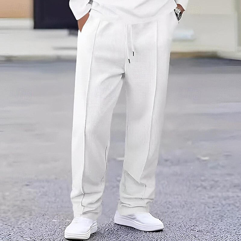 Men's Sweatpants Trousers Straight Leg Sweatpants Waffle Pants Pocket Elastic Waist Drawstring Plain Comfort Sports Outdoor Daily Fashion Casual Black White Micro-elastic