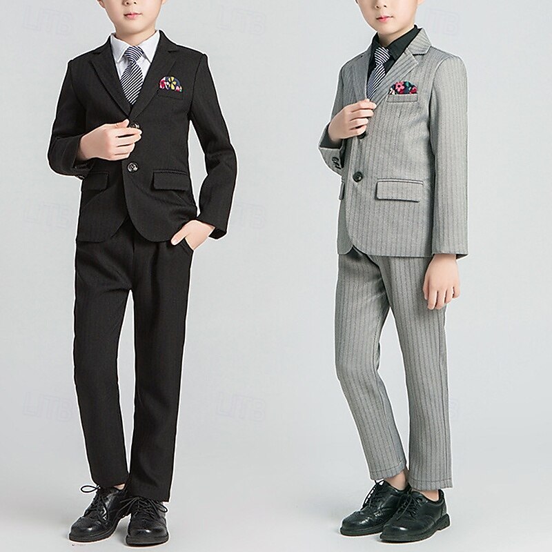 4 Pieces Ring Bearer Suit Boys Kids Suit Formal Suit Blazer & Vest & Pants & Tie Formal Party Valentines Fashion Cool Stripe Pocket Black Gray Polyester