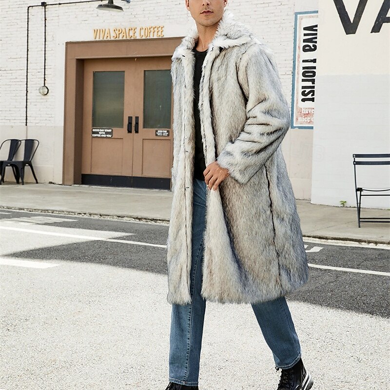 Men's Winter Jacket Fleece Jacket Faux Fur Coat Daily Vacation Thermal Warm Pocket Fleece Fall & Winter Solid Color Fashion Streetwear Lapel Long White Brown Gray Jacket2