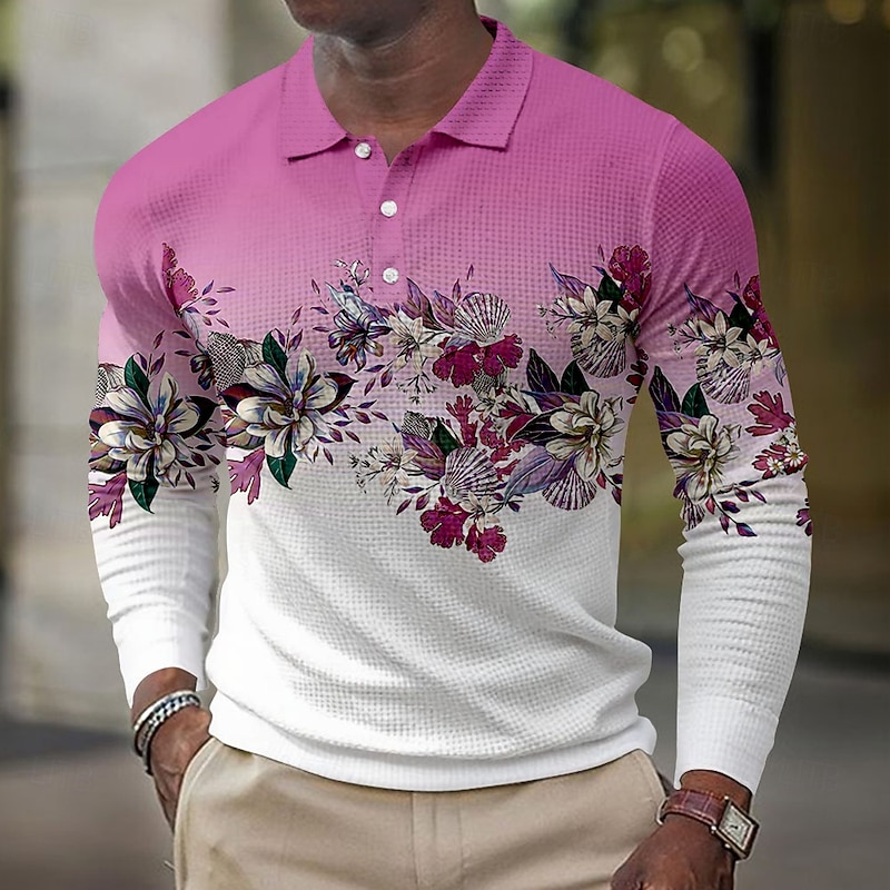 Men's Floral Print Waffle Polo Shirts Long Sleeve Polo Shirts Collared Shirts Casual Outdoor Party Evening Wear Streetwear Buttons Pink Blue Purple2