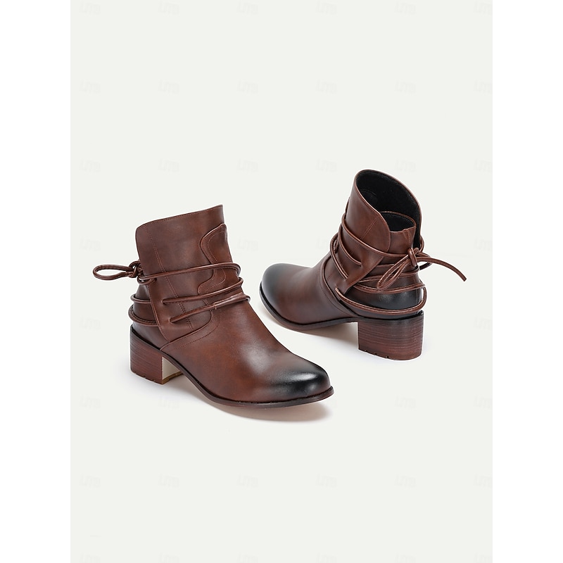 Women's Brown Western Ankle Boots with Wrap-Around Lace & Stacked Heel - Rustic Vintage Style for Casual Wear & Festivals2