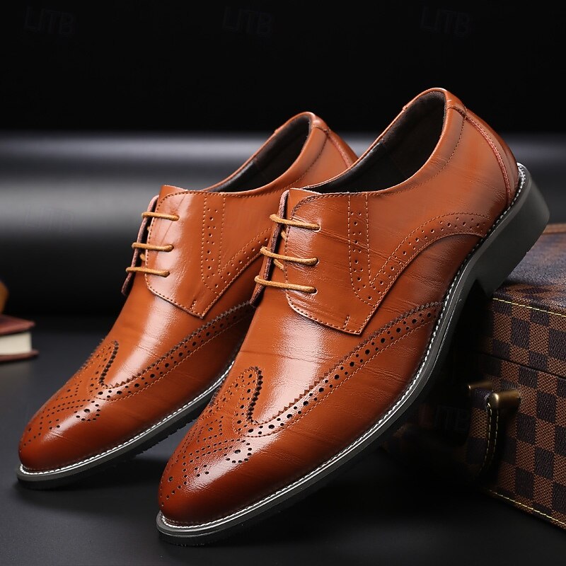 Men's Classic Brown Brogue Oxford Dress Shoes – Faux Leather Lace-Up Formal Footwear for Office & Events 8