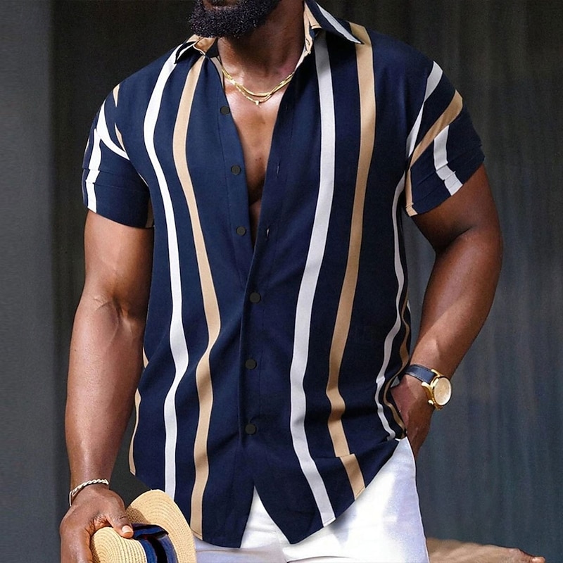 Men's Striped Bowling Shirt Button Up Shirt Short Sleeve Casual Formal Vacation Casual Spring Fall Turndown Button Up Blue
