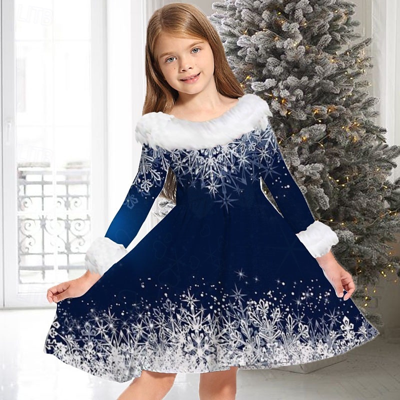 Kids Girls' Dress Snowflake Long Sleeve Casual Fur Trim Crewneck Adorable Daily Polyester Above Knee Casual Dress Swing Dress A Line Dress Fall Winter 2-13 Years Wine Red Blue
