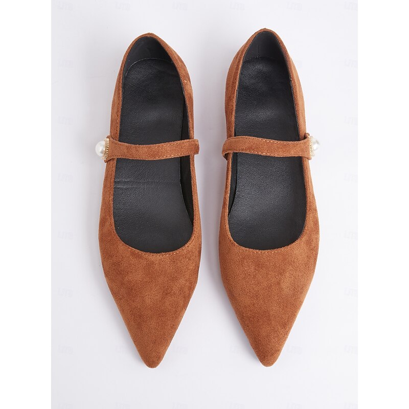 Women's Brown Suede Mary Jane Flats with Pearl Button Accent – Vintage-Inspired Low-Heel Shoes for Casual or Formal Wear4