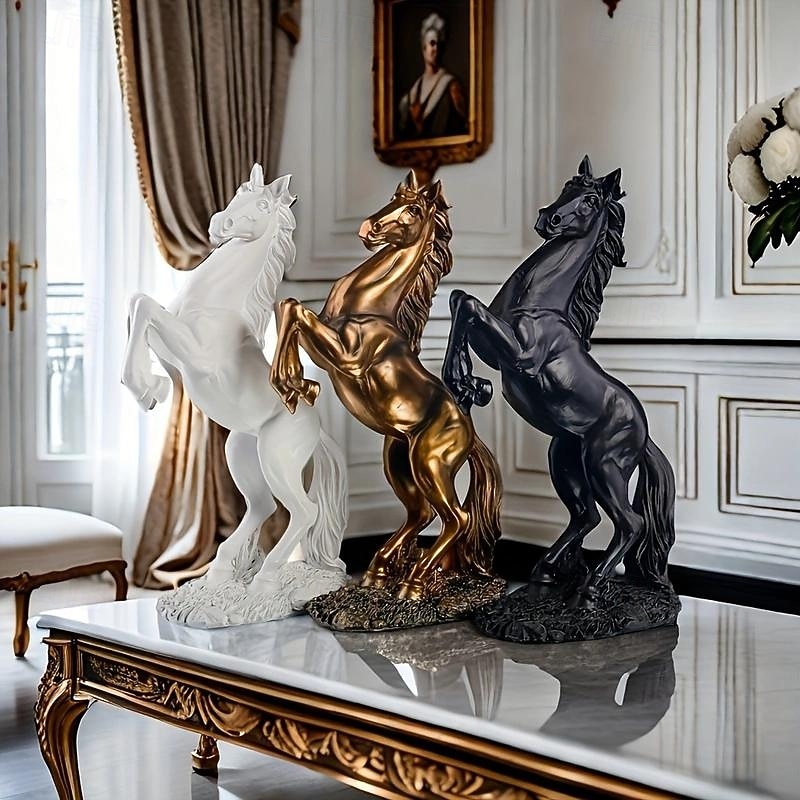 Elegant Resin Horse Statues, A Set of Three Majestic Horses in Black, White, and Golden, Perfect for Home Decor, Suitable for Entryways, Bar Carts, Li