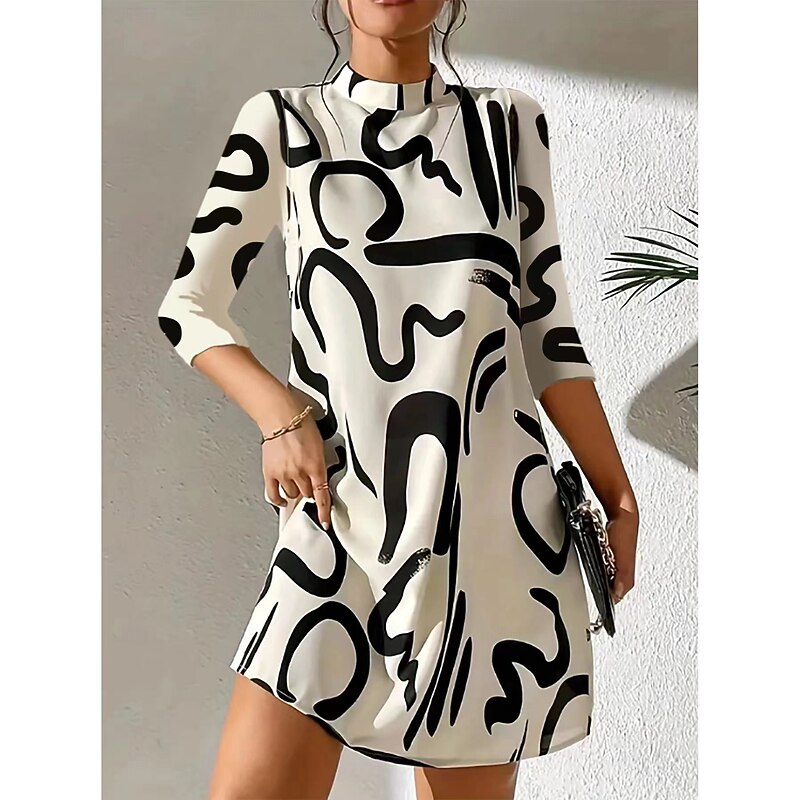 Women's Geometric Stand Collar Mini Dress 3/4 Length Sleeve Spring Fall