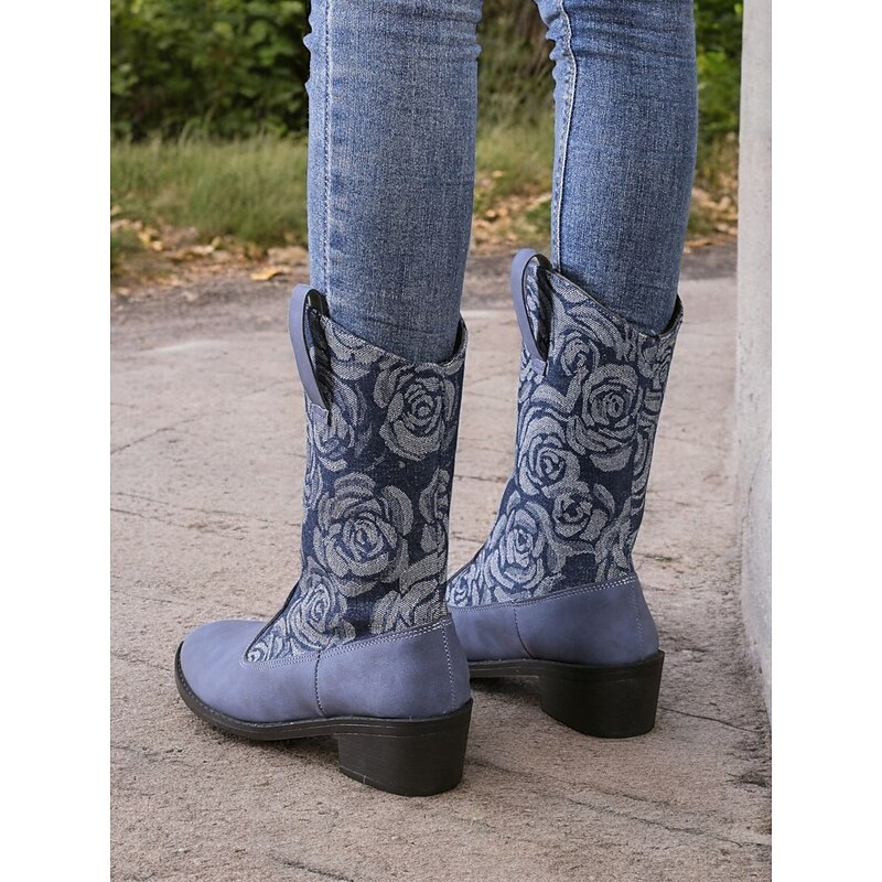 Women's Black Denim and Faux Leather Western Boots with Floral Embroidery - Mid-Calf Cowboy Style for Casual and Outdoor Wear3