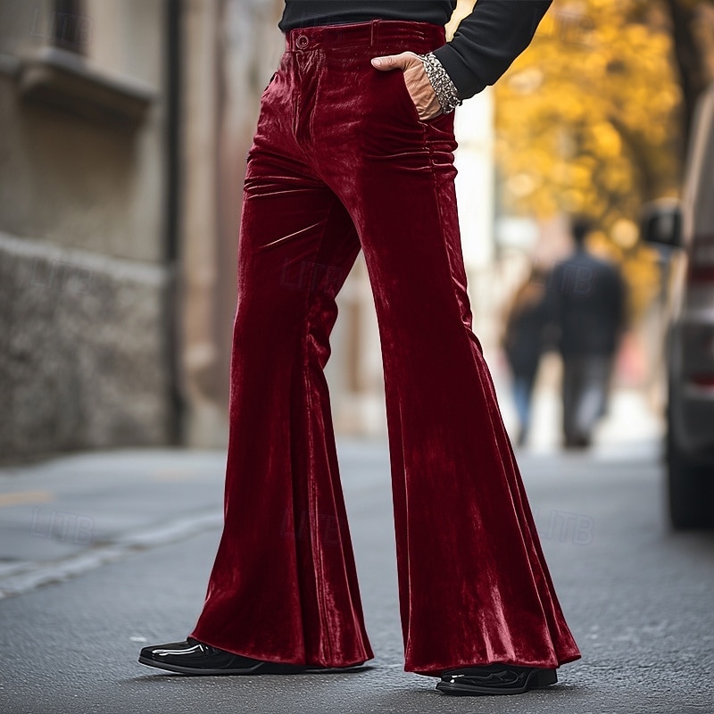 Men's Dress Pants Flared Pants Bell Bottom Trousers Velvet Pants Pocket Plain Comfort Soft Full Length Party Christmas Daily Fashion Streetwear Black Red3