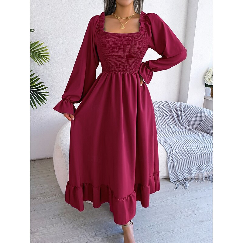 Christmas Women's Midi Dress Vintage Dress Casual Dress Elegant Formal Lantern Sleeve Formal Christmas Party Regular Fit Long Sleeve Square Neck Black Red Green Fall Winter2