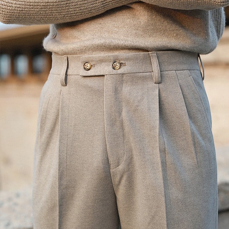 Men's Dress Pants Woolen Pants Trousers Pleated Pants Suit Pants Pocket Plain Comfort Soft Full Length Party Business Daily Elegant Fashion Dark Gray Beige
