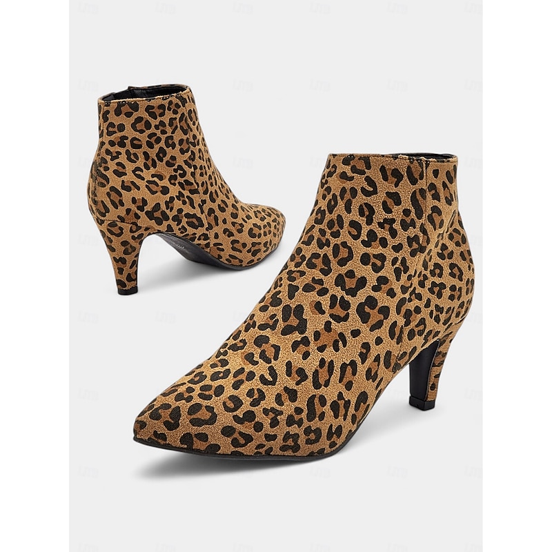 Women's Leopard Print Ankle Boots with Pointed Toe and Stiletto Heel - Trendy Animal Print Booties for Fall & Winter