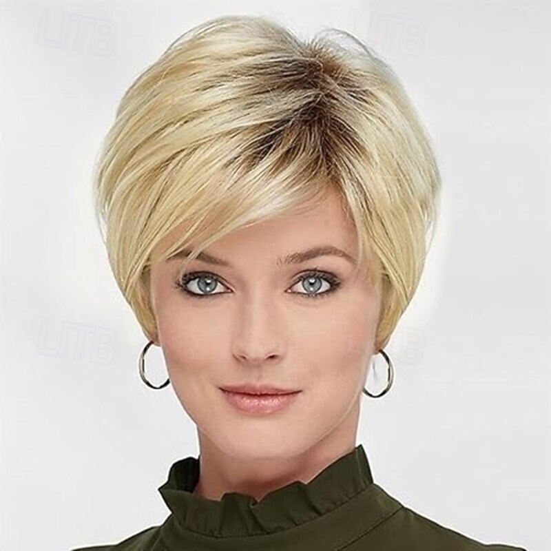 Short Wigs for Women Mixed Pixie Cut Wig Straight Synthetic Hair Cuts Side Part Inverted Side Part Pixie Cut Hair Wig With Layered Swoop Bang Glueless Blunt