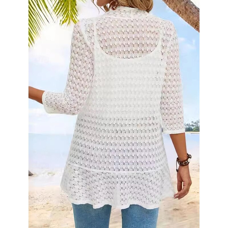 Women's Casual Jacket Outdoor Cut Out Solid Color Windproof Fashion Regular Fit Outerwear 3/4 Length Sleeve Fall White S2