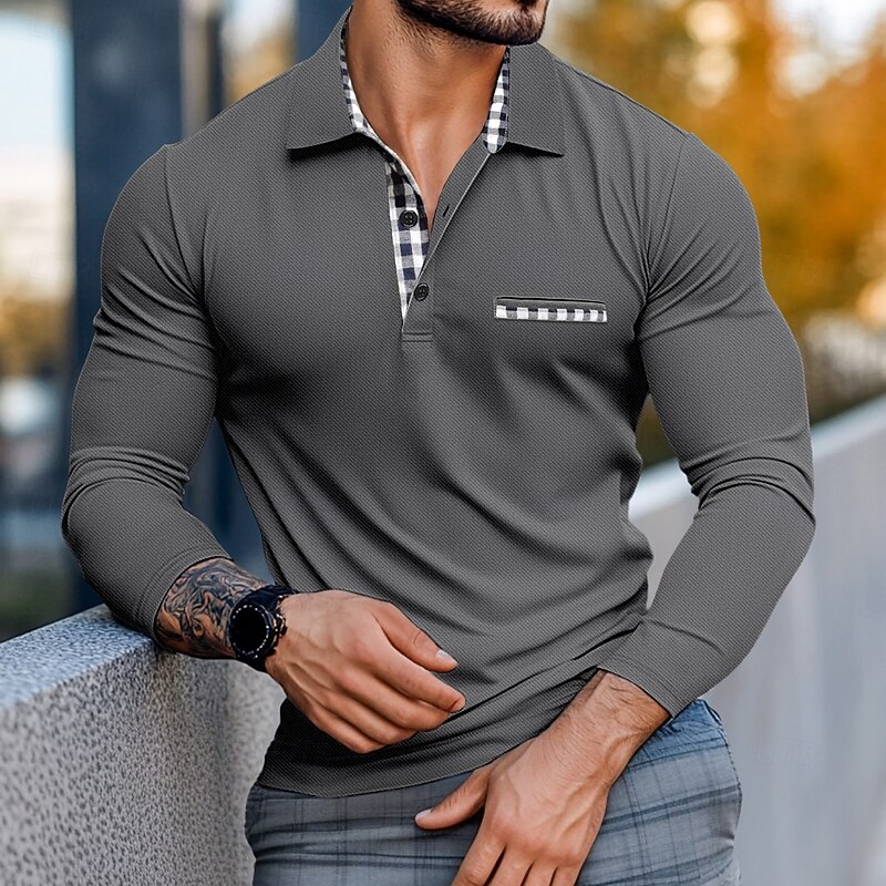 Men's Work Shirt Polo Shirts Street Business Lapel Classic Long Sleeve Fashion Basic Plaid Check Pocket Check Pattern Fall Winter Cross-Seasons Regular Fit Black Burgundy Royal Blue Blue Army Green