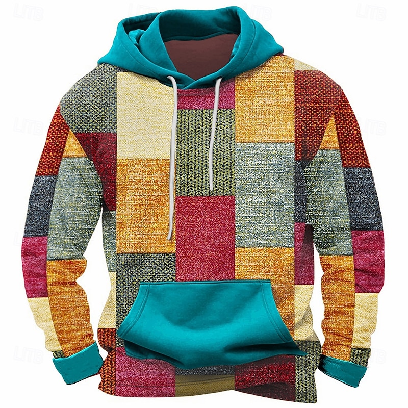 Men's Plaid Hoodies Sweatshirt Fashion Cool Long Sleeve Crew Neck Party Holiday Streetwear Red Blue Drawstring Fall Winter Designer4