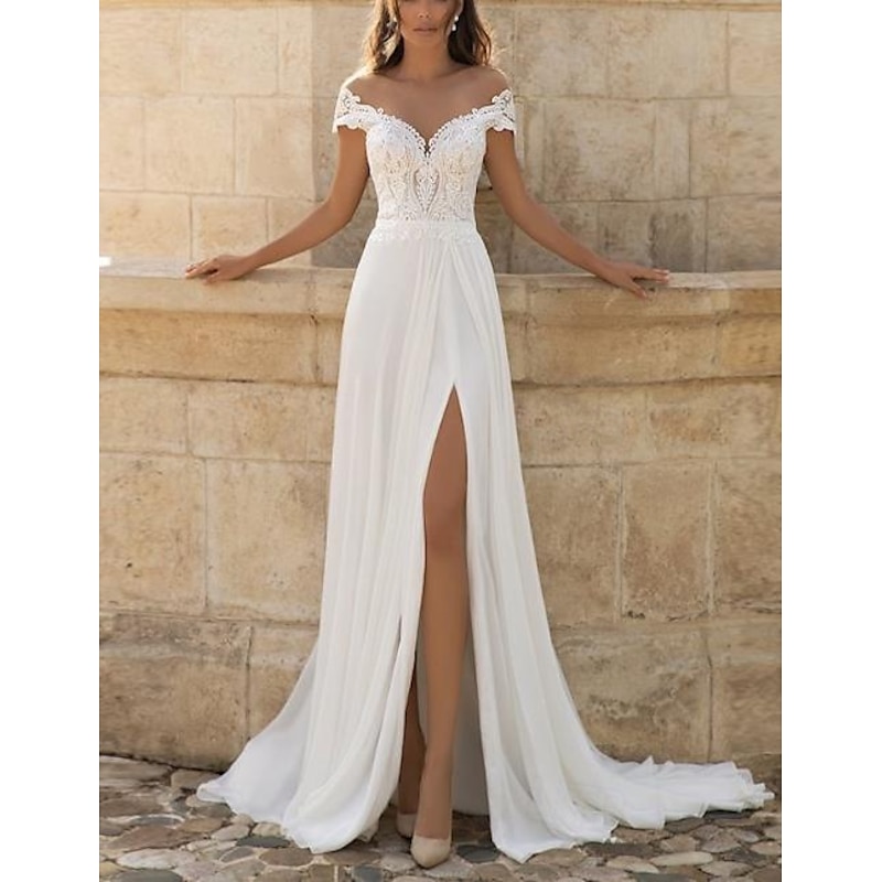 Wedding Dresses A-Line V Neck Short Sleeve Court Train Lace Bridal Gowns With Split Front