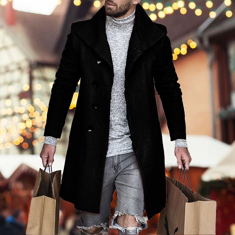 Men's Overcoat Trench Coat Long Trench Coat Daily Vacation Fall & Winter Polyester Windproof Soft Outerwear Clothing Apparel Fashion Classic Plain Pocket Lapel Single Breasted2