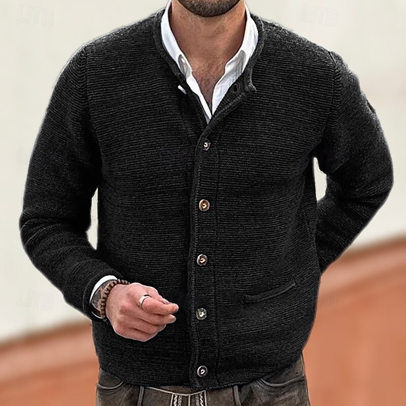 Men's Cardigan Sweater Cropped  Sweater Knit Sweater Ribbed Knit Regular Tops Pocket Buttons Plain Collarless Fashion Classic Vacation Daily Wear Clothing Apparel Fall Winter Black Navy Blue M L XL