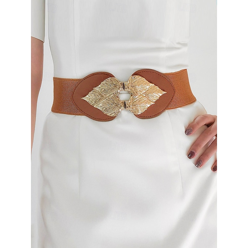 Women's Chic Black Elastic Waist Belt with Gold Leaf Buckle – Stylish Accessory for Dresses and Formal Outfits3