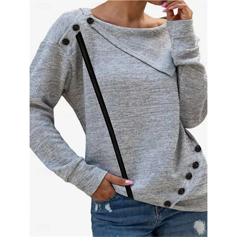 Women's Shirt Blouse Solid Color Basic Casual Long Sleeve Crew Neck Regular Tops Daily Zipper Buttons Black Red Gray Fall Winter