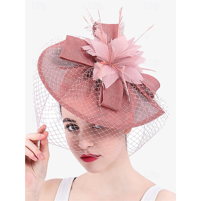 Women's Vintage Pink Fascinator Hat with Floral Bow and Veil – Elegant Headpiece for Weddings and Tea Parties2