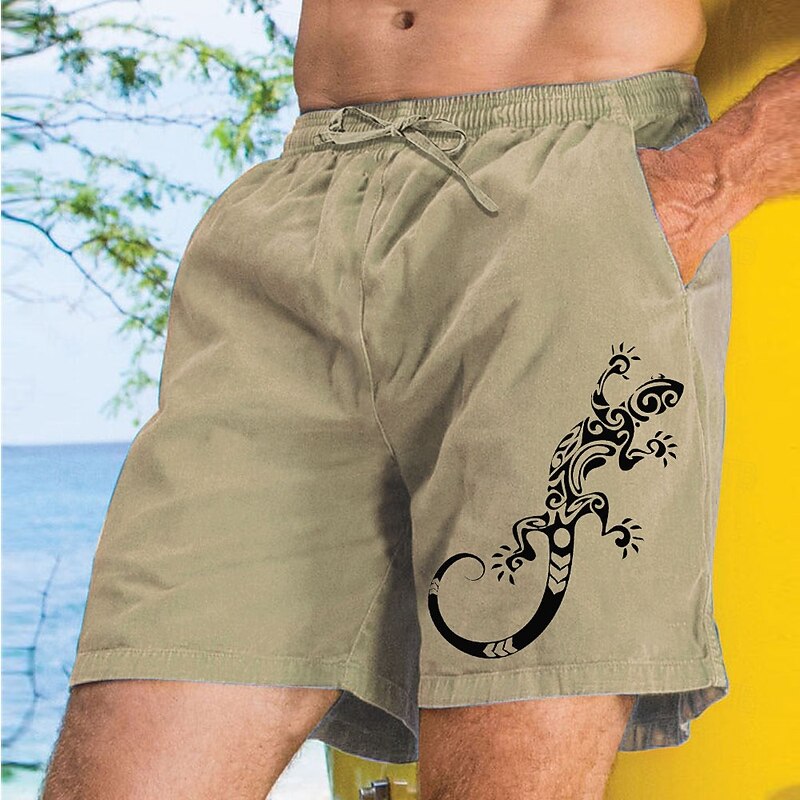 Men's Animal Lizard Shorts Linen Shorts Casual Shorts Mid Waist Vintage Retro Vacation Dailywear Holiday Drawstring Pocket Elastic Waist Summer Spring Blue Green khaki3