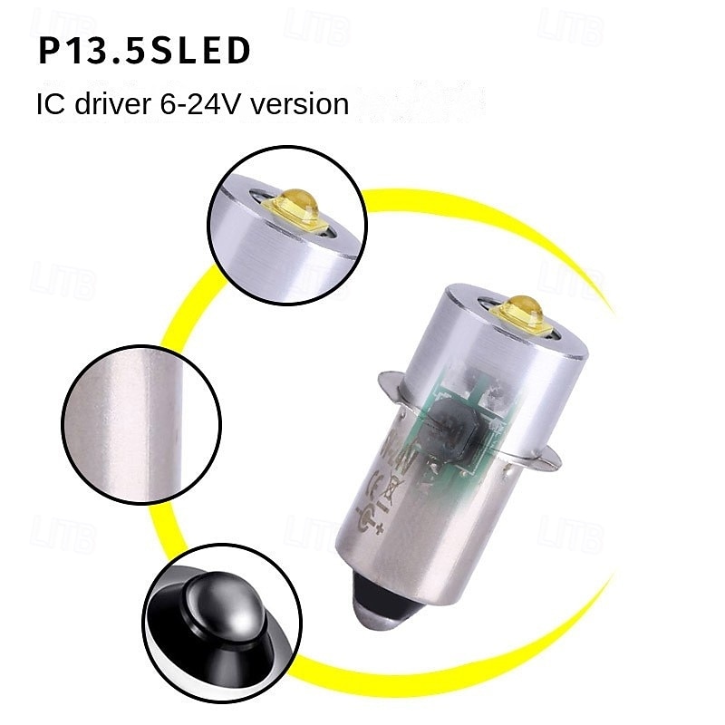 LED Flashlight Bulb P13.5S 3W Multi-Voltage Non-Polarity Torch Lantern Bulbs, 2pcs 6V-24V2