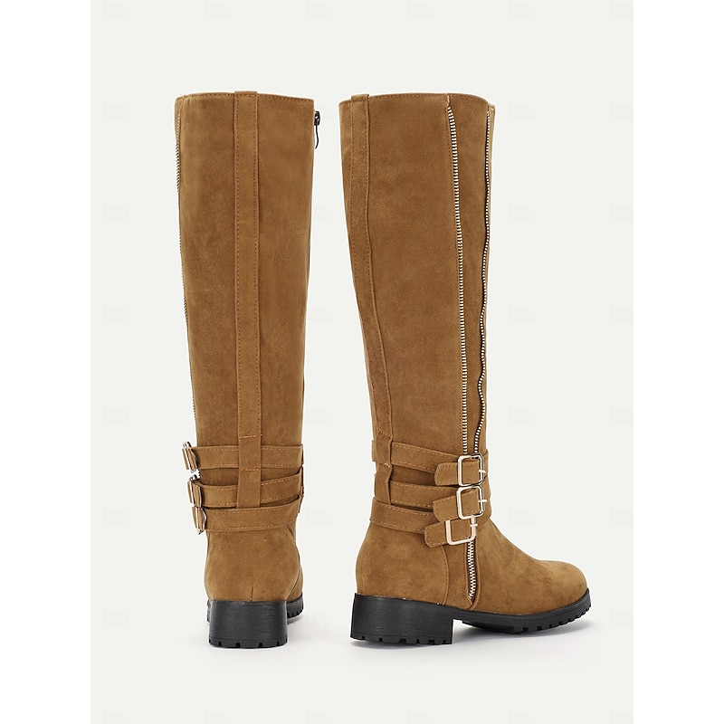 Women's Tall Tan Knee-High Boots with Double Buckle and Zipper Detail – Stylish and Durable Fall & Winter Footwear for Outdoor Wear4