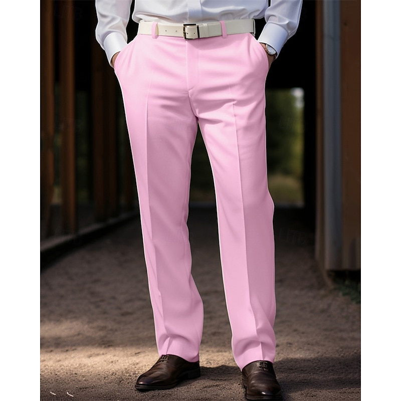 Men's Graduation Dress Pants Trousers Chinos Buttons Pocket Solid Color Comfort Formal Party Work Fashion Classic Style Coral Pink Yellow Micro-elastic